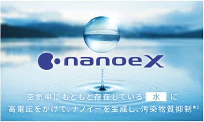 nanoeX 空気中にもともと存在している水に高電圧をかけて、ナノイーを生成し、汚染物質抑制